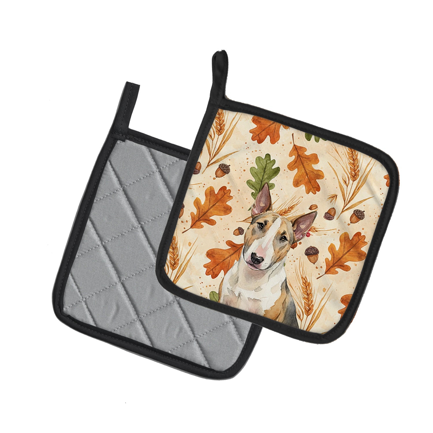 Tricolor Miniature Bull Terrier Heirloom Fall Pot Holder Set of 2 Heat Resistant Quilted Hot Pads 7.5 x 7.5 Inch, Insulated Kitchen Trivets for Cooking & Baking