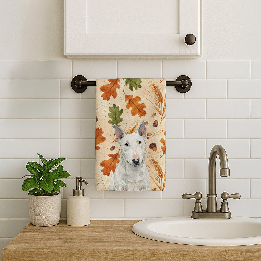 White Miniature Bull Terrier Heirloom Fall Kitchen Towel Velour Plush Front and Cotton Loop Back Machine Washable