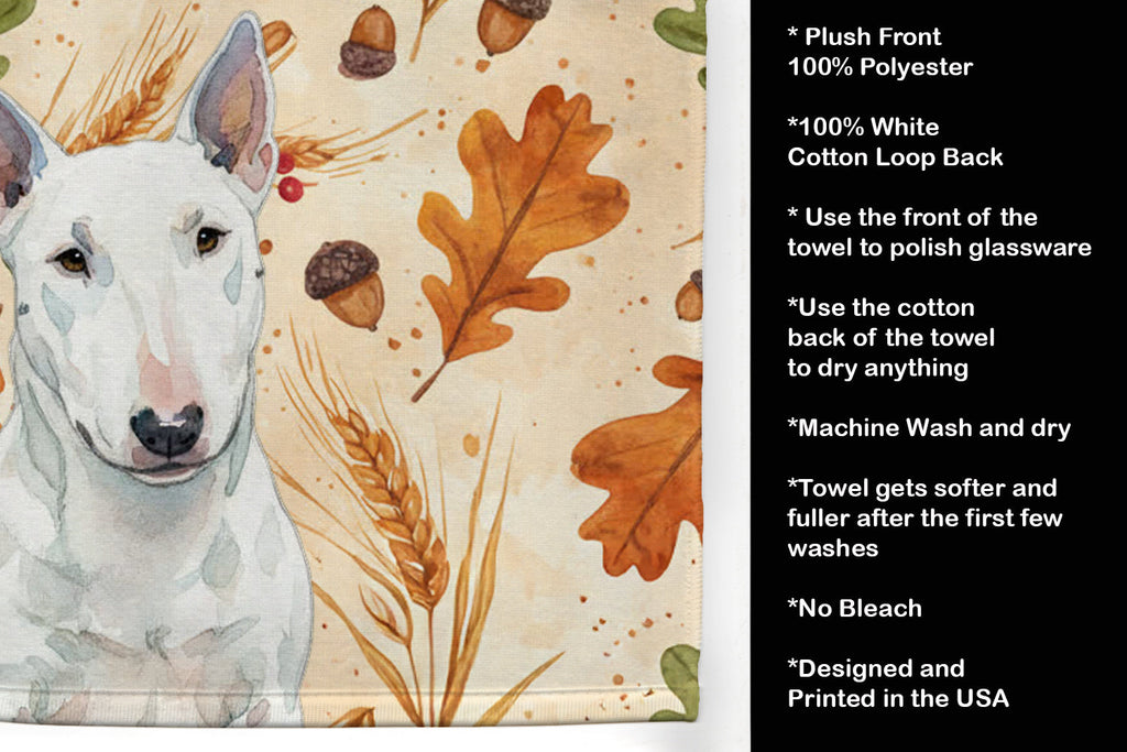 White Miniature Bull Terrier Heirloom Fall Kitchen Towel Velour Plush Front and Cotton Loop Back Machine Washable