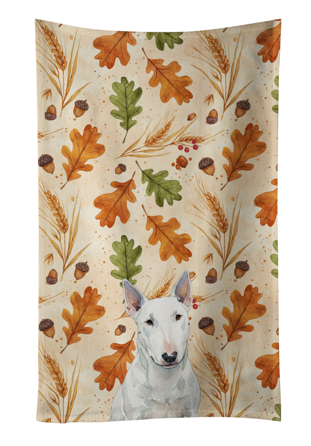 White Miniature Bull Terrier Heirloom Fall Kitchen Towel Velour Plush Front and Cotton Loop Back Machine Washable