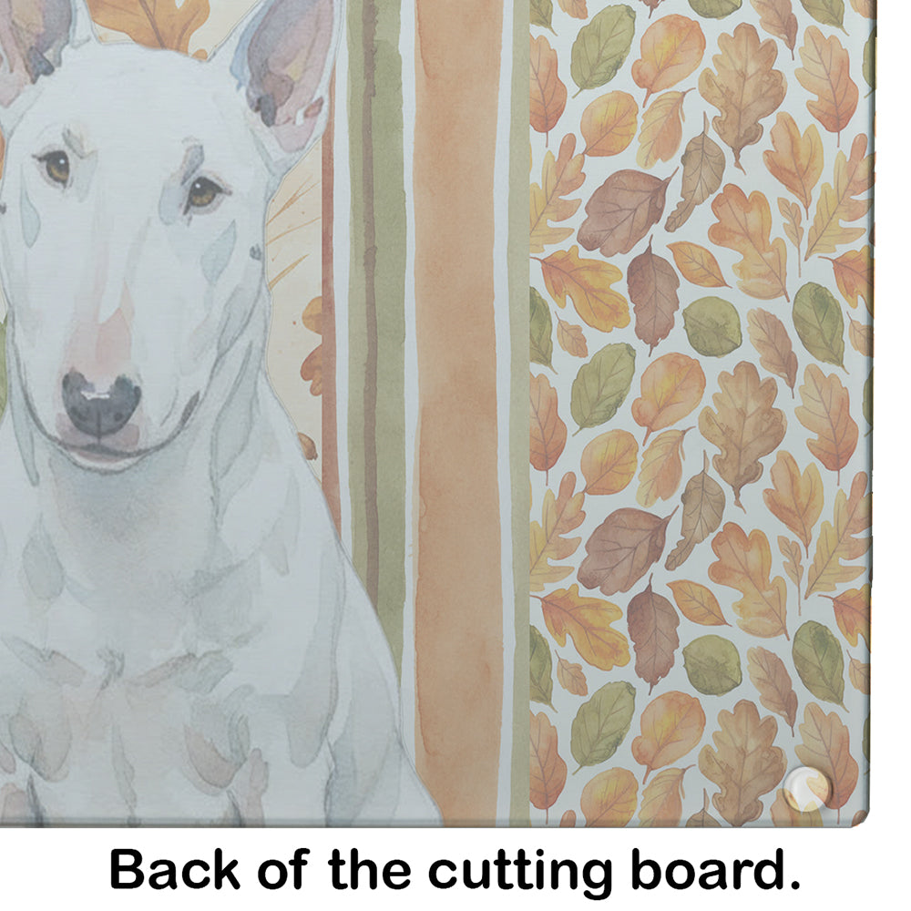 White Miniature Bull Terrier Heirloom Fall Cutting Board Tempered Glass Kitchen Cutting Surface, Heat Resistant Chopping, Non-Slip Feet, Food Prep & Serving