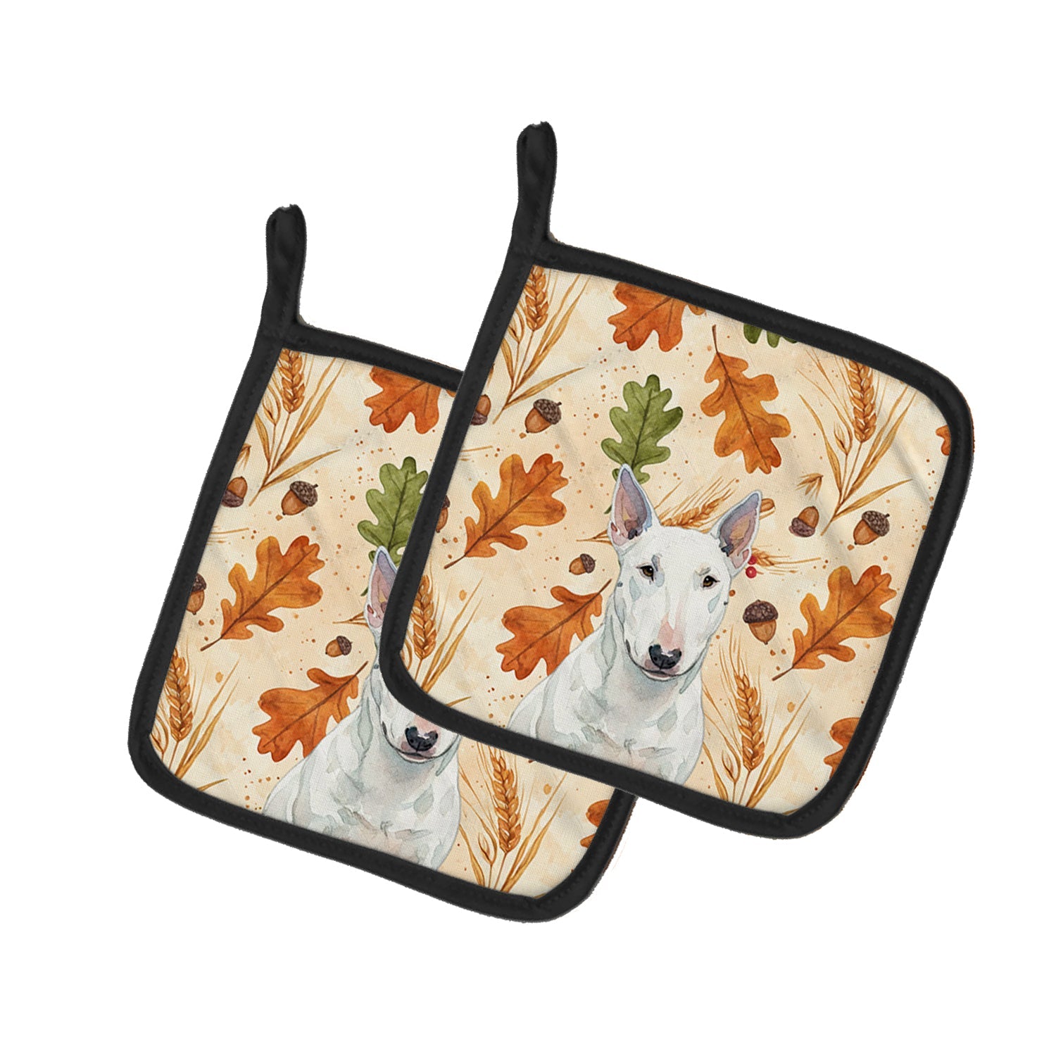 White Miniature Bull Terrier Heirloom Fall Pot Holder Set of 2 Heat Resistant Quilted Hot Pads 7.5 x 7.5 Inch, Insulated Kitchen Trivets for Cooking & Baking