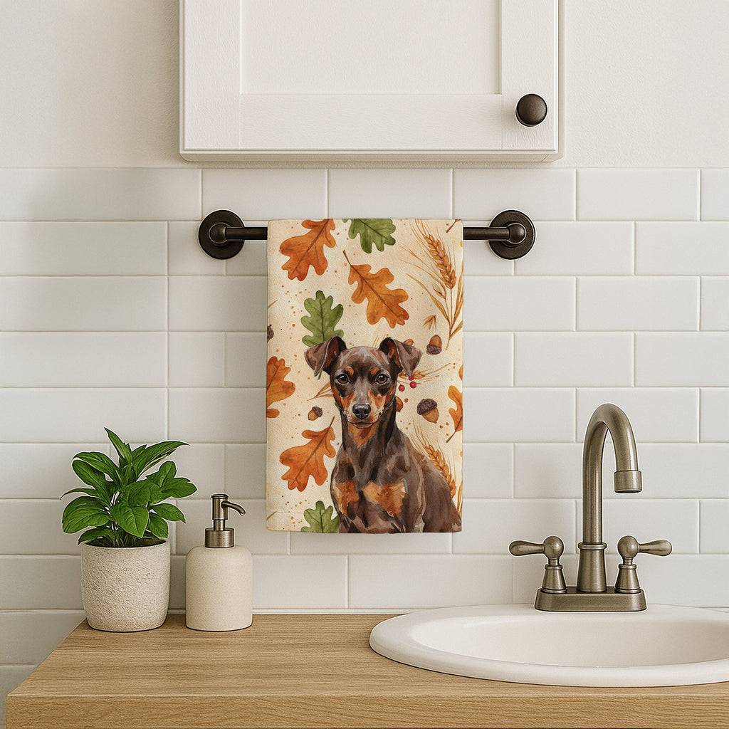 Chocolate and Rust Miniature Pinscher Min Pin Heirloom Fall Kitchen Towel Velour Plush Front and Cotton Loop Back Machine Washable