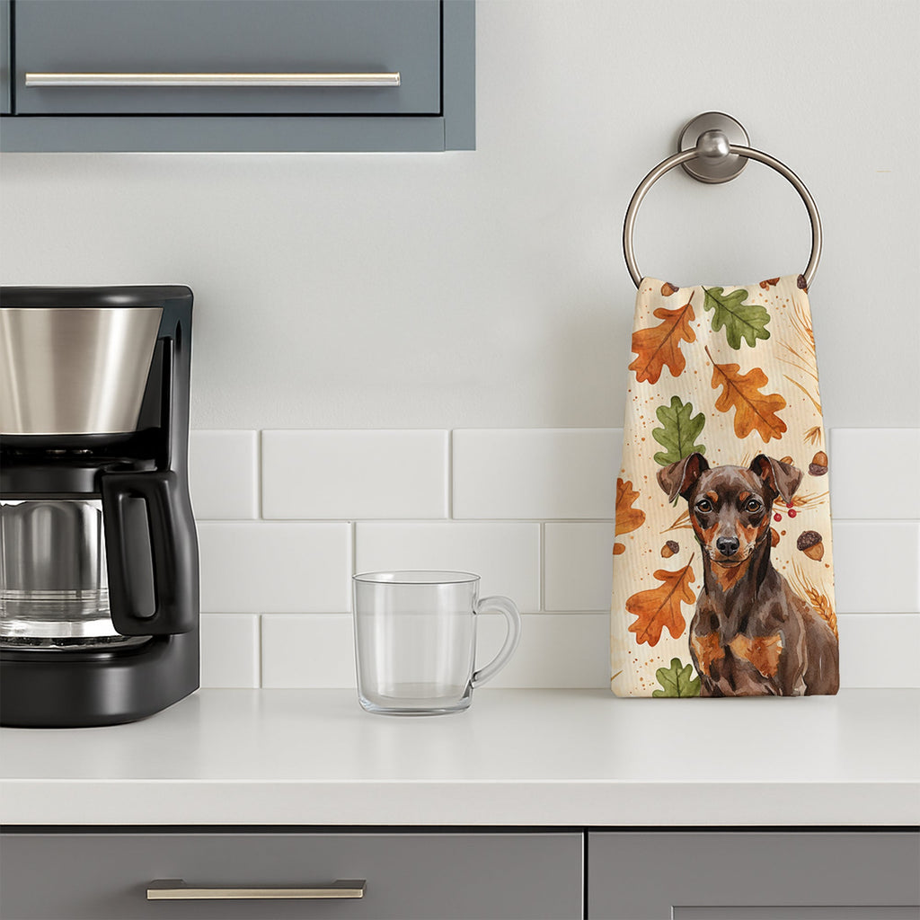 Chocolate and Rust Miniature Pinscher Min Pin Heirloom Fall Kitchen Towel Velour Plush Front and Cotton Loop Back Machine Washable