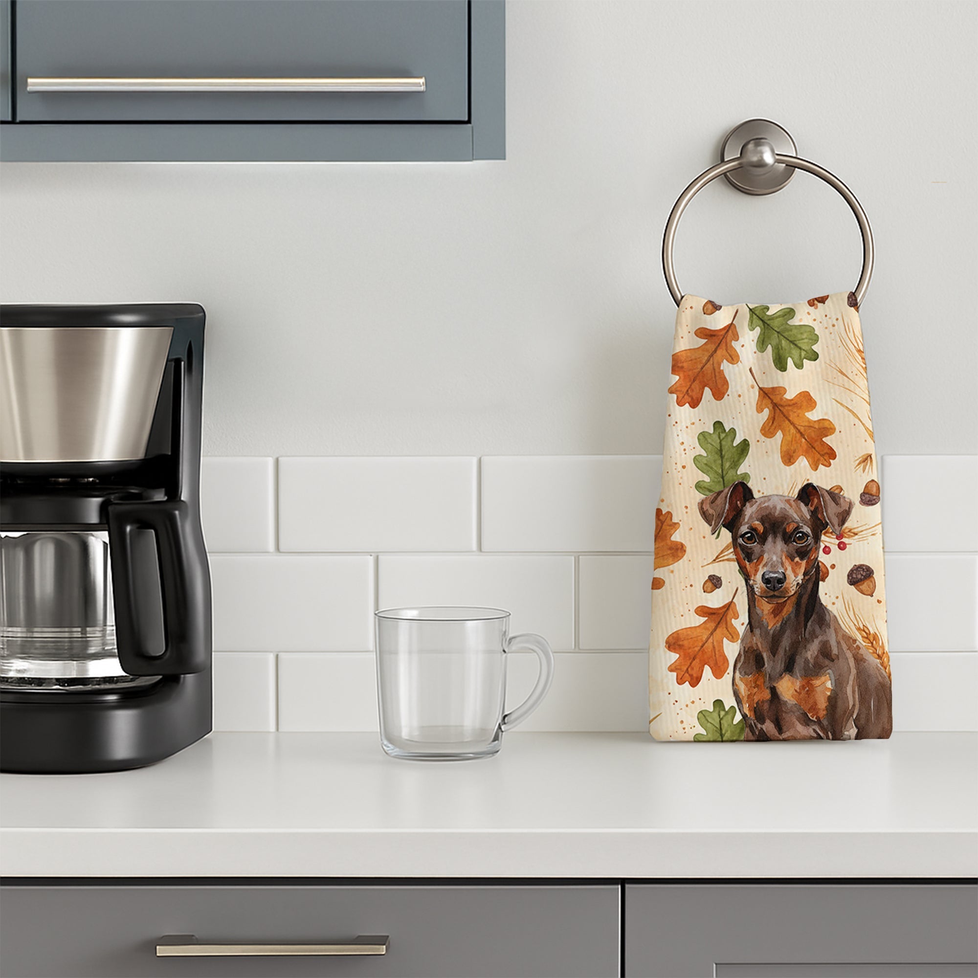 Chocolate and Rust Miniature Pinscher Min Pin Heirloom Fall Kitchen Towel Velour Plush Front and Cotton Loop Back Machine Washable