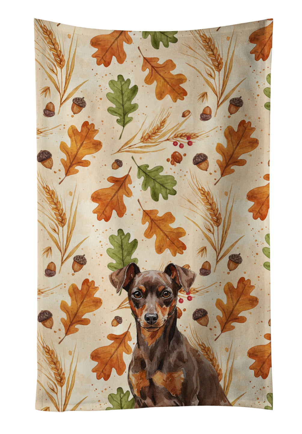 Chocolate and Rust Miniature Pinscher Min Pin Heirloom Fall Kitchen Towel Velour Plush Front and Cotton Loop Back Machine Washable