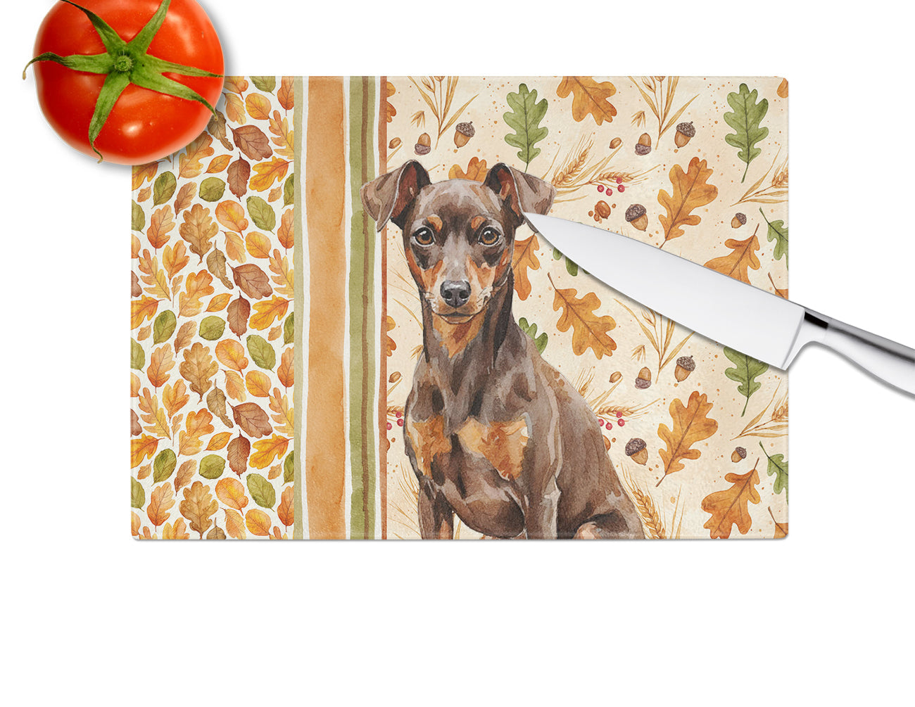 Chocolate and Rust Miniature Pinscher Min Pin Heirloom Fall Cutting Board Tempered Glass Kitchen Cutting Surface, Heat Resistant Chopping, Non-Slip Feet, Food Prep & Serving