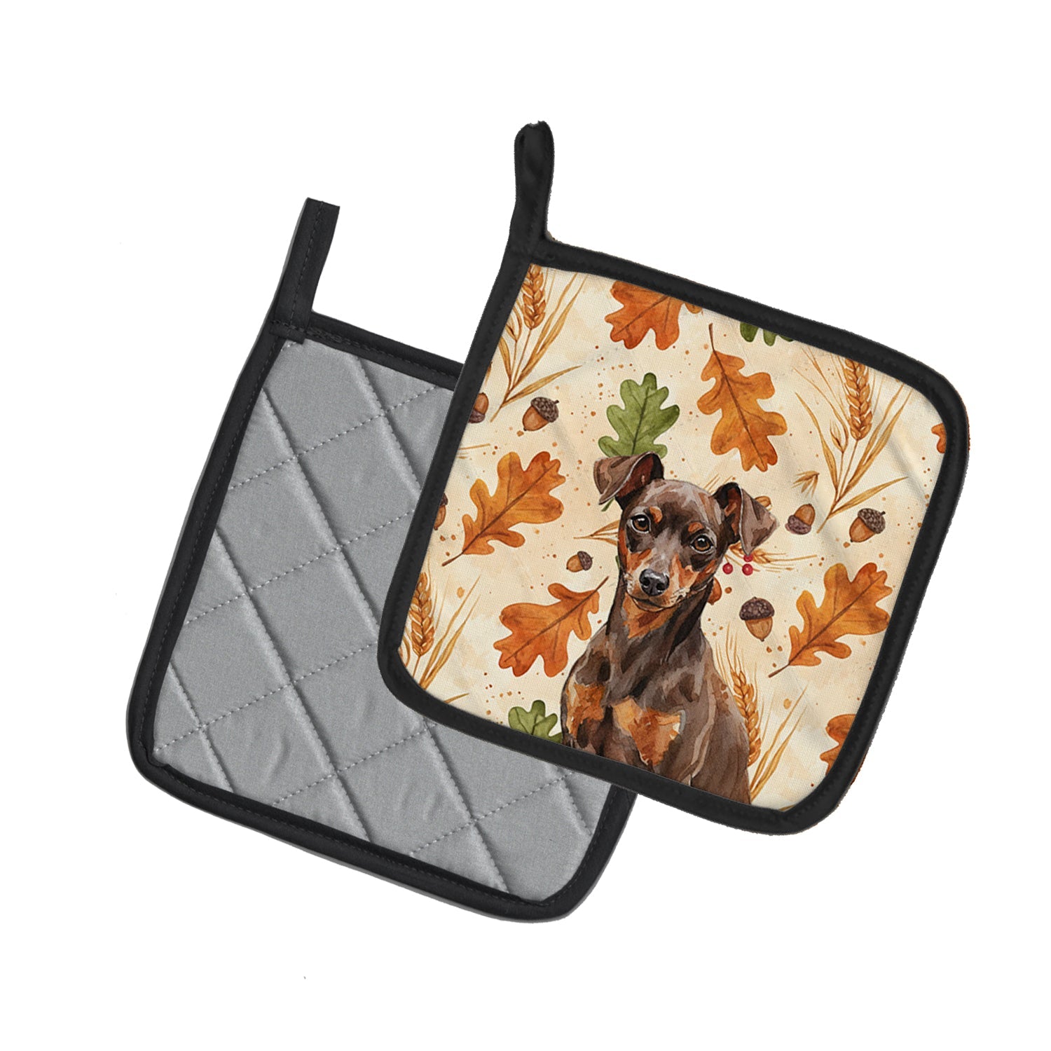 Chocolate and Rust Miniature Pinscher Min Pin Heirloom Fall Pot Holder Set of 2 Heat Resistant Quilted Hot Pads 7.5 x 7.5 Inch, Insulated Kitchen Trivets for Cooking & Baking
