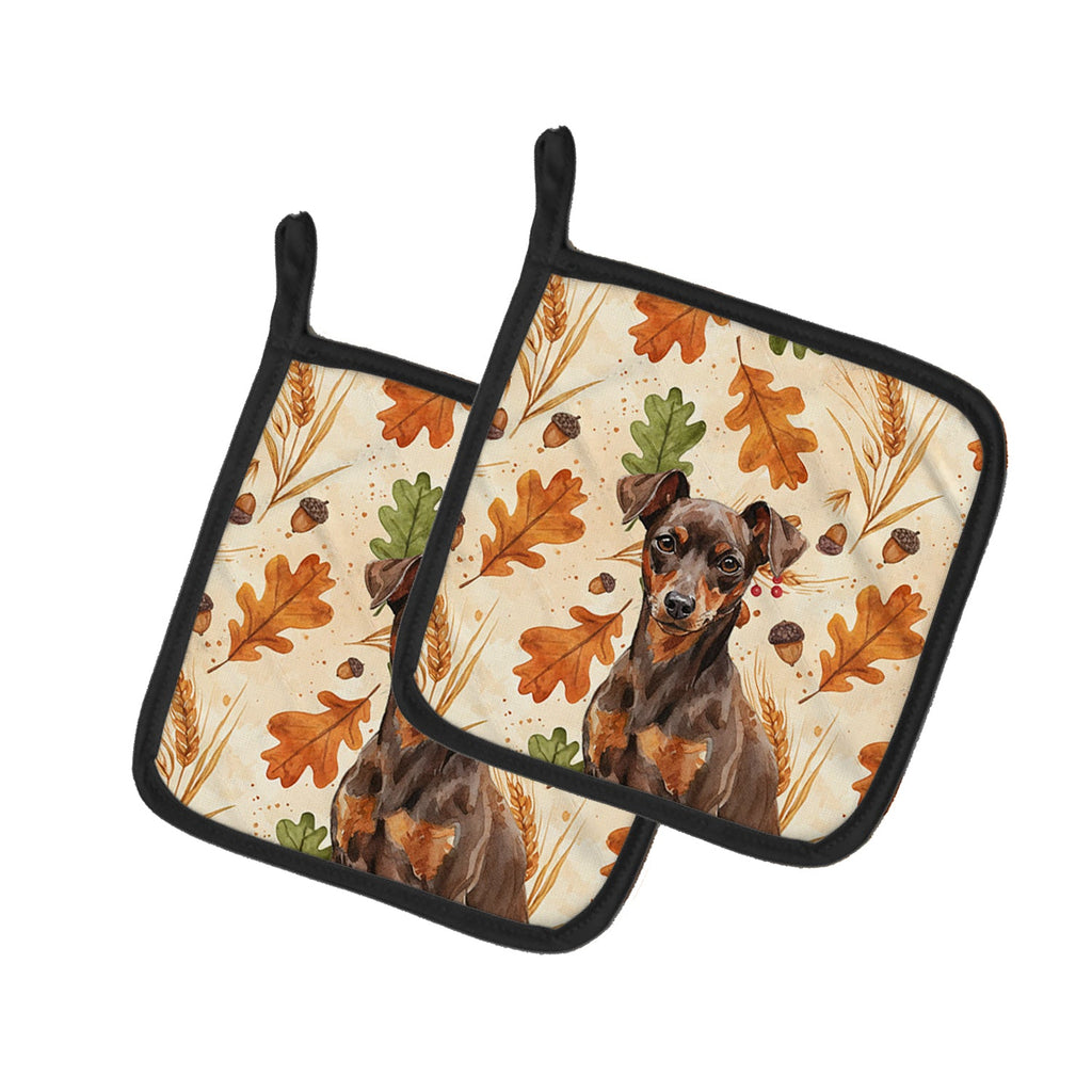 Chocolate and Rust Miniature Pinscher Min Pin Heirloom Fall Pot Holder Set of 2 Heat Resistant Quilted Hot Pads 7.5 x 7.5 Inch, Insulated Kitchen Trivets for Cooking & Baking
