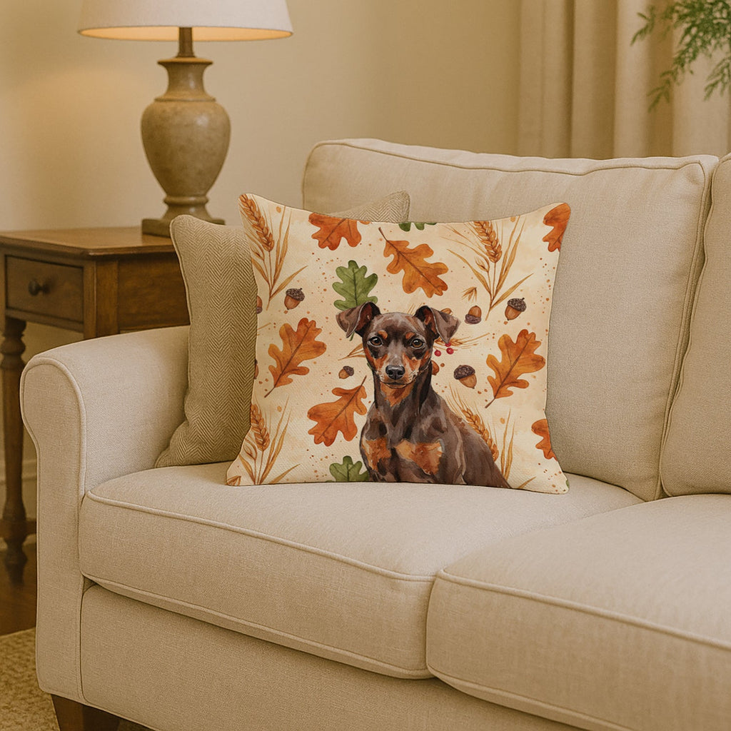 Chocolate and Rust Miniature Pinscher Min Pin Heirloom Fall Decorative Throw Pillow 14x14 Indoor Outdoor Accent Cushion, Fabric Cover with Insert for Sofa, Bed, Porch & Living Room