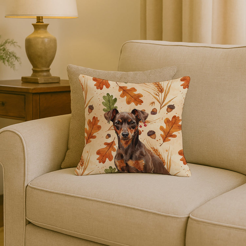 Chocolate and Rust Miniature Pinscher Min Pin Heirloom Fall Decorative Throw Pillow 18x18 Indoor Outdoor Accent Cushion, Fabric Cover with Insert for Sofa, Bed, Porch & Living Room