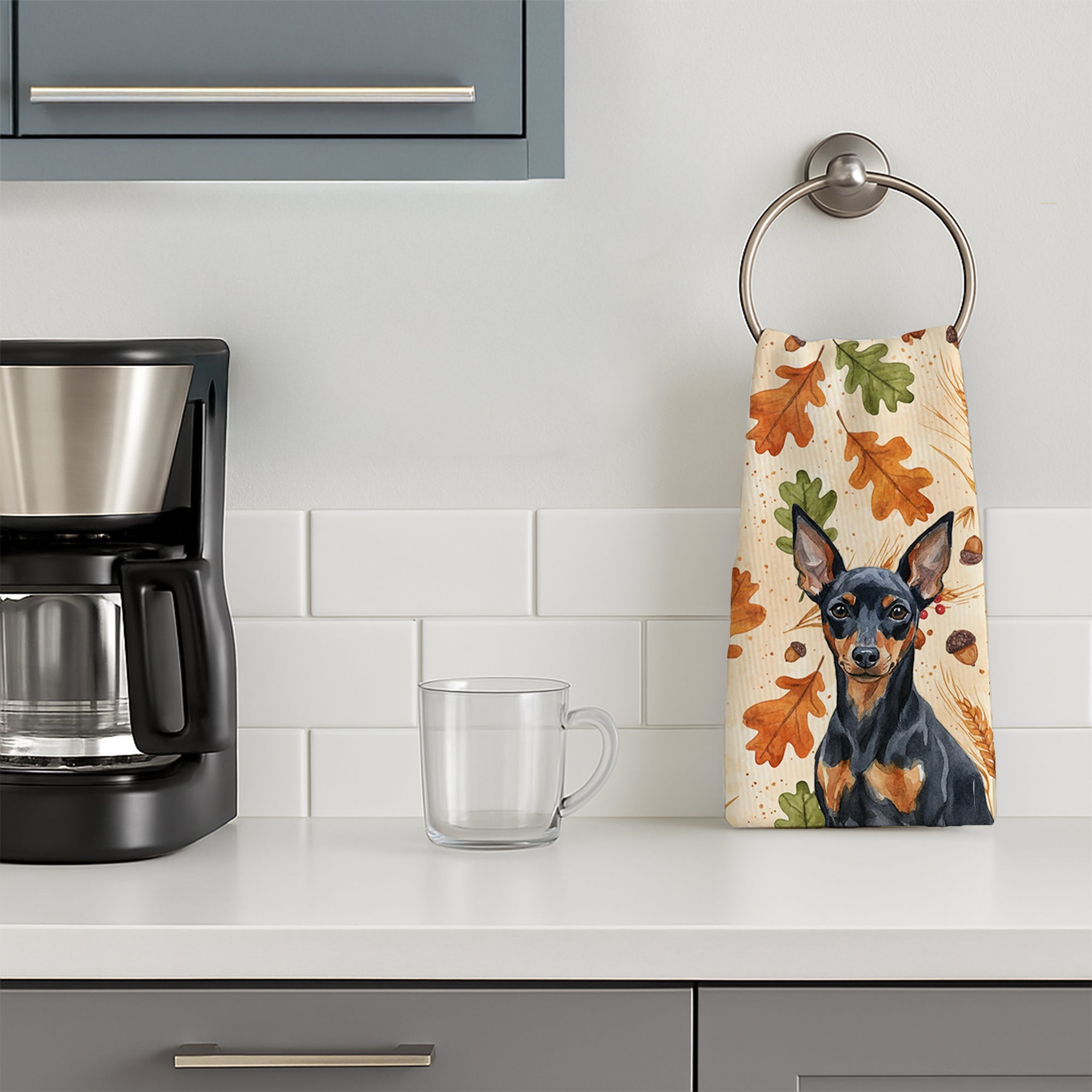 Black and Tan Miniature Pinscher Heirloom Fall Kitchen Towel Velour Plush Front and Cotton Loop Back Machine Washable
