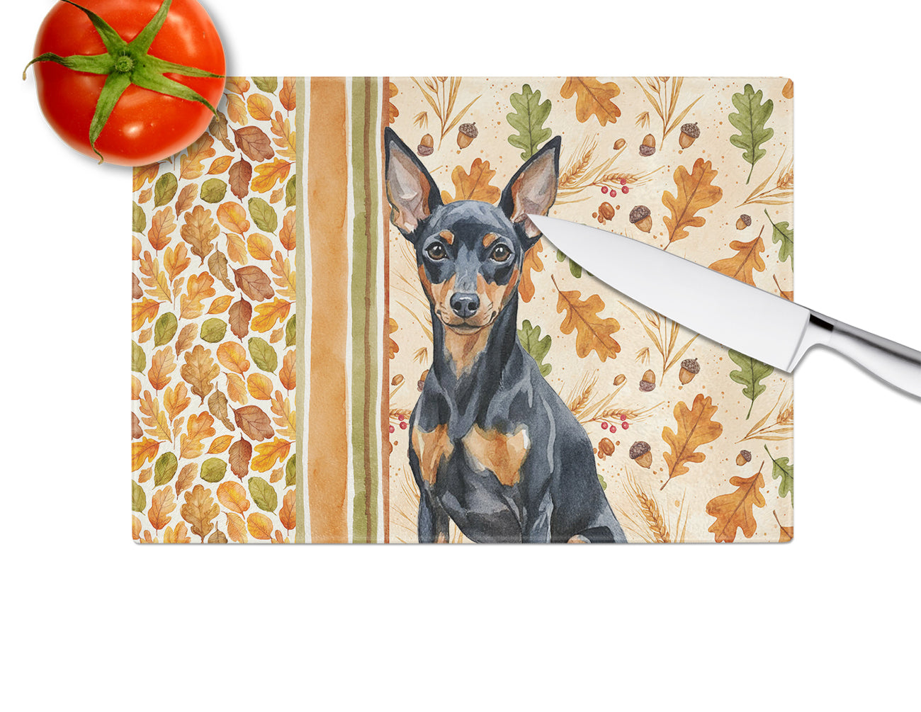 Black and Tan Miniature Pinscher Heirloom Fall Cutting Board Tempered Glass Kitchen Cutting Surface, Heat Resistant Chopping, Non-Slip Feet, Food Prep & Serving