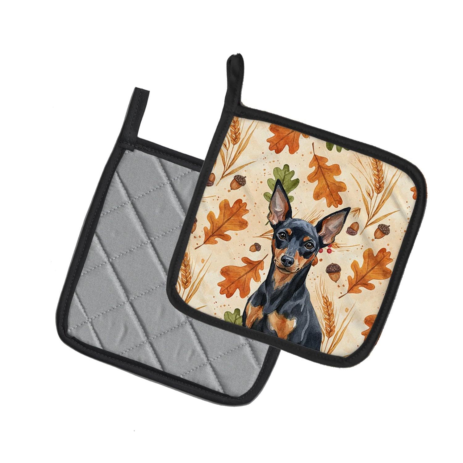 Black and Tan Miniature Pinscher Heirloom Fall Pot Holder Set of 2 Heat Resistant Quilted Hot Pads 7.5 x 7.5 Inch, Insulated Kitchen Trivets for Cooking & Baking