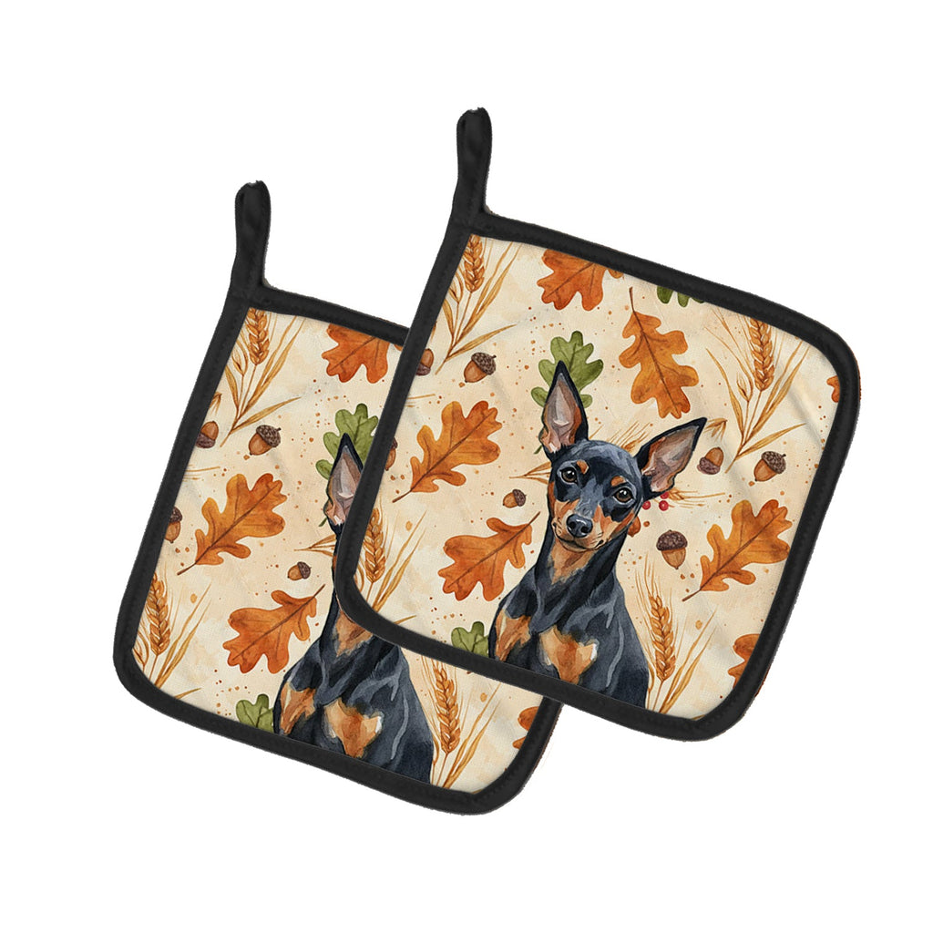 Black and Tan Miniature Pinscher Heirloom Fall Pot Holder Set of 2 Heat Resistant Quilted Hot Pads 7.5 x 7.5 Inch, Insulated Kitchen Trivets for Cooking & Baking