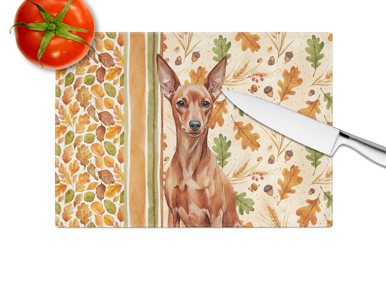 Red Miniature Pinscher Min Pin Heirloom Fall Cutting Board Tempered Glass Kitchen Cutting Surface, Heat Resistant Chopping, Non-Slip Feet, Food Prep & Serving
