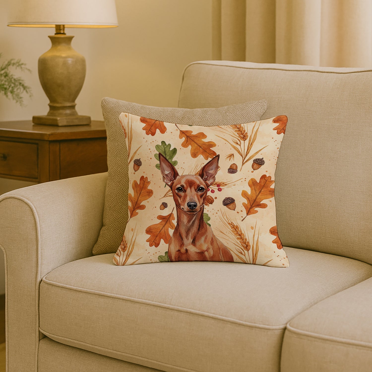 Red Miniature Pinscher Min Pin Heirloom Fall Decorative Throw Pillow 18x18 Indoor Outdoor Accent Cushion, Fabric Cover with Insert for Sofa, Bed, Porch & Living Room
