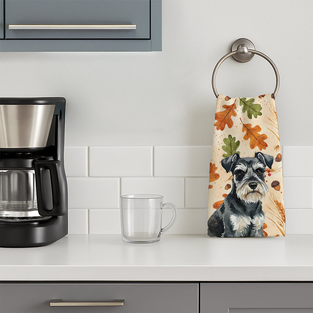 Black & Silver Miniature Schnauzer Heirloom Fall Kitchen Towel Velour Plush Front and Cotton Loop Back Machine Washable