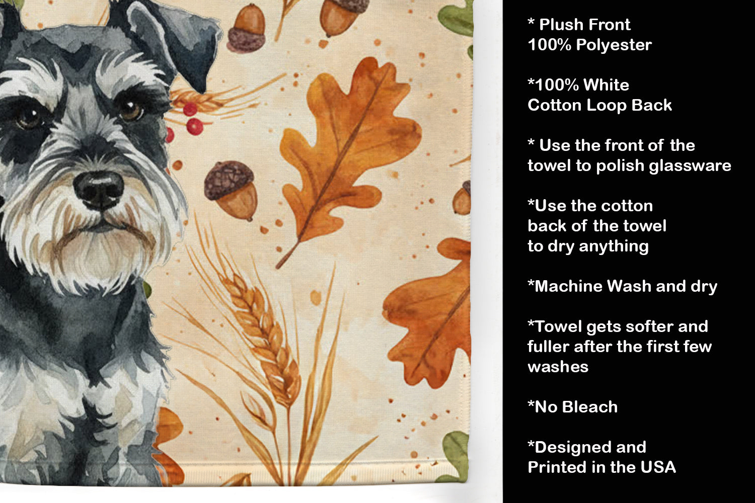 Black & Silver Miniature Schnauzer Heirloom Fall Kitchen Towel Velour Plush Front and Cotton Loop Back Machine Washable
