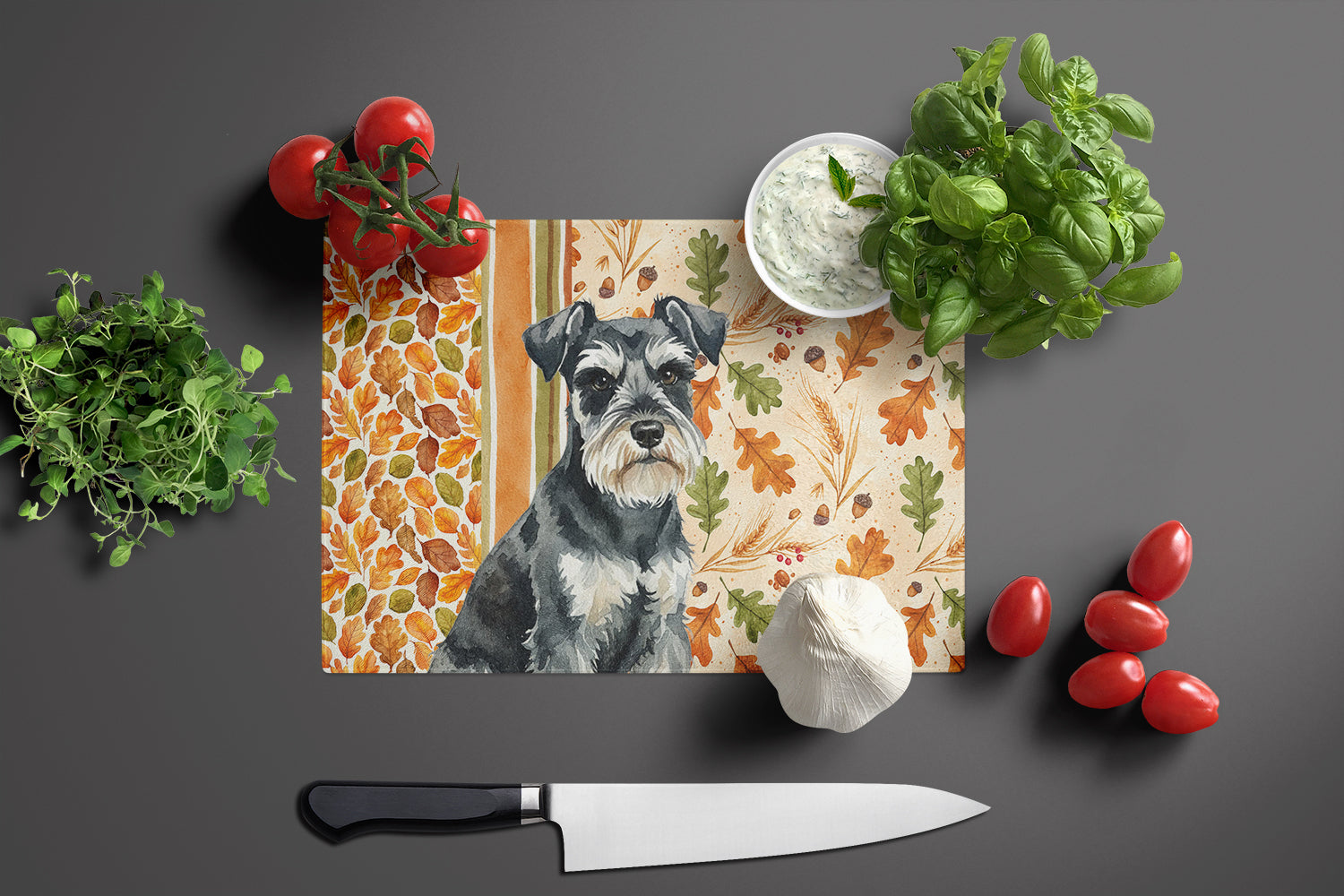 Black & Silver Miniature Schnauzer Heirloom Fall Cutting Board Tempered Glass Kitchen Cutting Surface, Heat Resistant Chopping, Non-Slip Feet, Food Prep & Serving