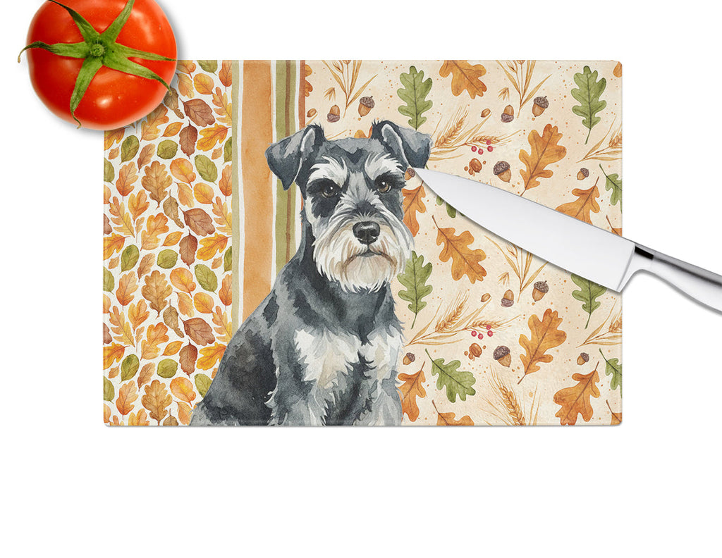 Black & Silver Miniature Schnauzer Heirloom Fall Cutting Board Tempered Glass Kitchen Cutting Surface, Heat Resistant Chopping, Non-Slip Feet, Food Prep & Serving