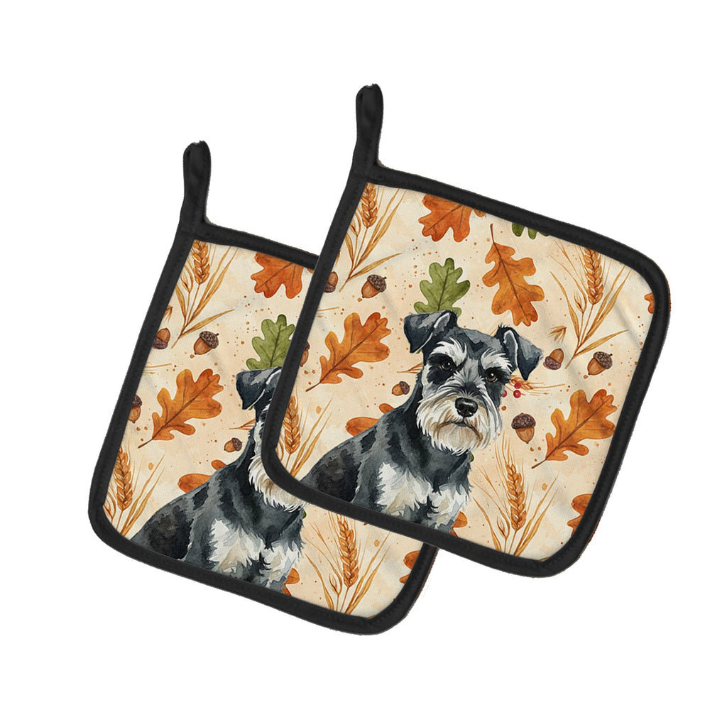 Black & Silver Miniature Schnauzer Heirloom Fall Pot Holder Set of 2 Heat Resistant Quilted Hot Pads 7.5 x 7.5 Inch, Insulated Kitchen Trivets for Cooking & Baking