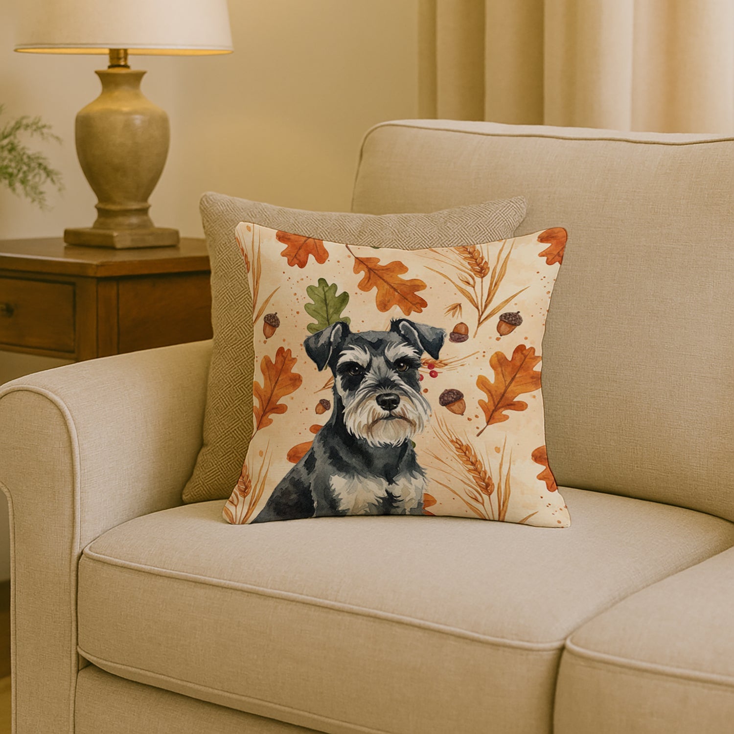 Black & Silver Miniature Schnauzer Heirloom Fall Decorative Throw Pillow 18x18 Indoor Outdoor Accent Cushion, Fabric Cover with Insert for Sofa, Bed, Porch & Living Room