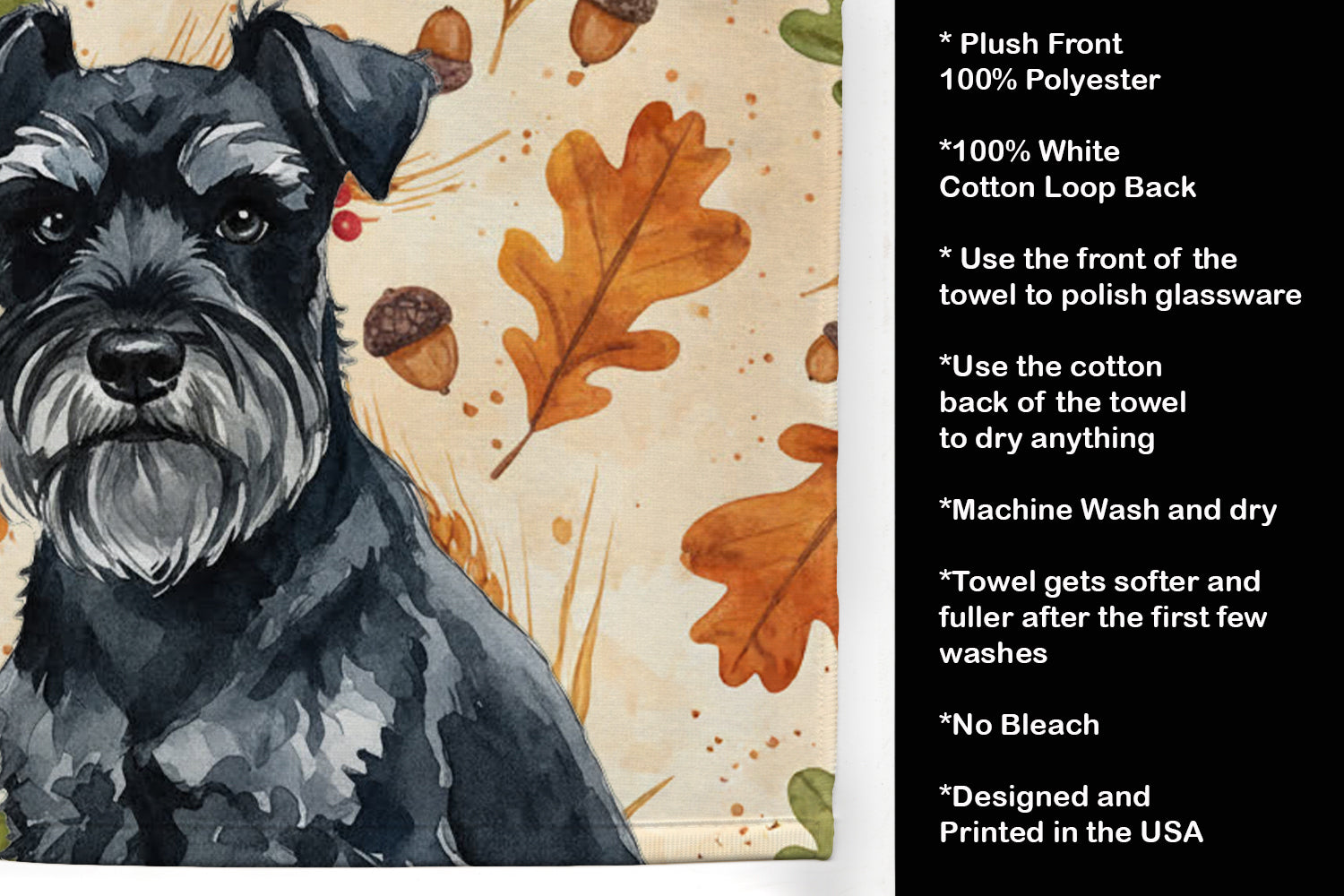 Black Miniature Schnauzer Heirloom Fall Kitchen Towel Velour Plush Front and Cotton Loop Back Machine Washable