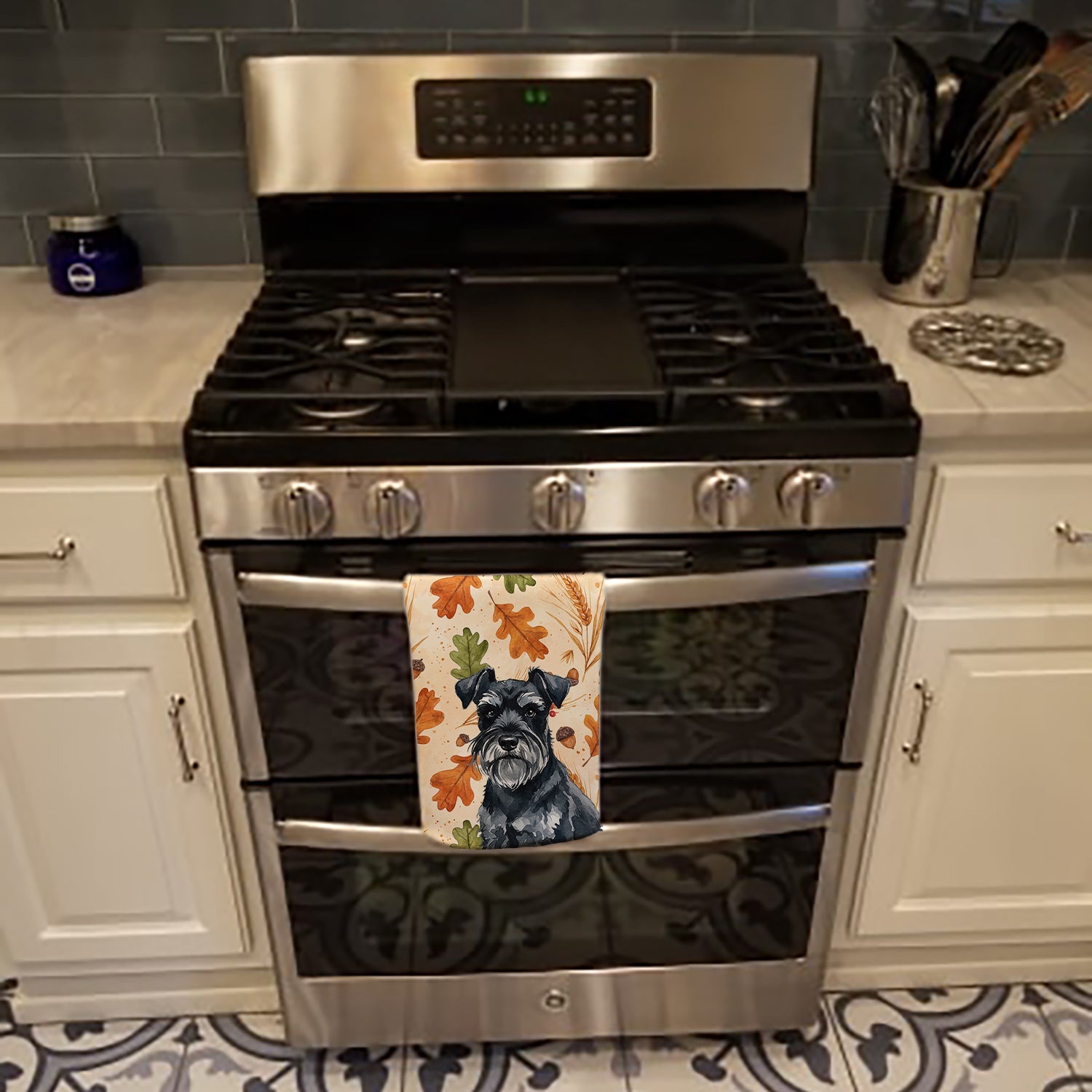 Black Miniature Schnauzer Heirloom Fall Kitchen Towel Velour Plush Front and Cotton Loop Back Machine Washable