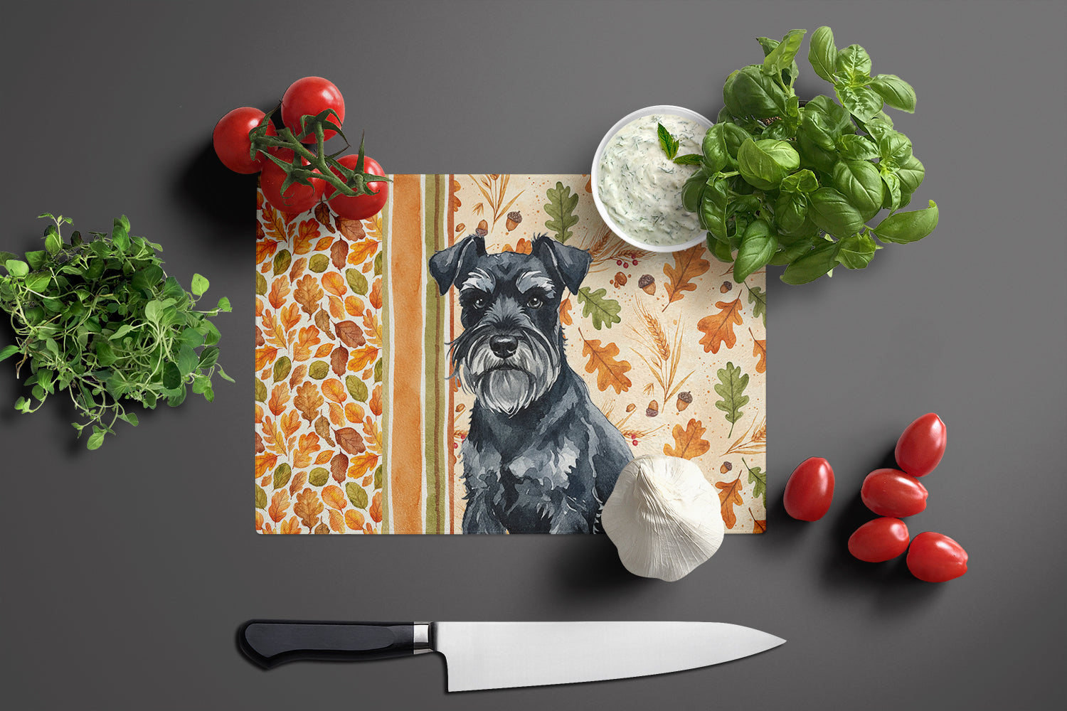 Black Miniature Schnauzer Heirloom Fall Cutting Board Tempered Glass Kitchen Cutting Surface, Heat Resistant Chopping, Non-Slip Feet, Food Prep & Serving