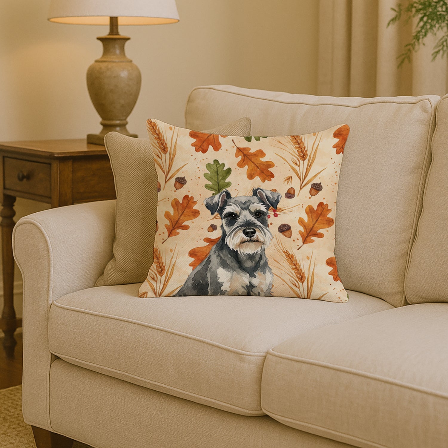 Miniature Schnauzer Heirloom Fall Decorative Throw Pillow 14x14 Indoor Outdoor Accent Cushion, Fabric Cover with Insert for Sofa, Bed, Porch & Living Room