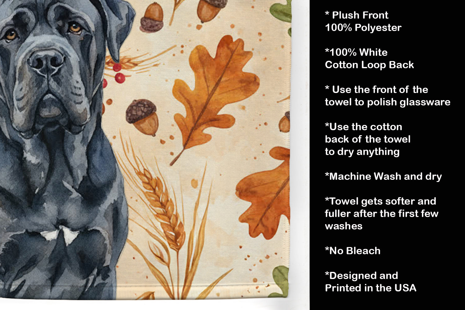 Black Neapolitan Mastiff Heirloom Fall Kitchen Towel Velour Plush Front and Cotton Loop Back Machine Washable