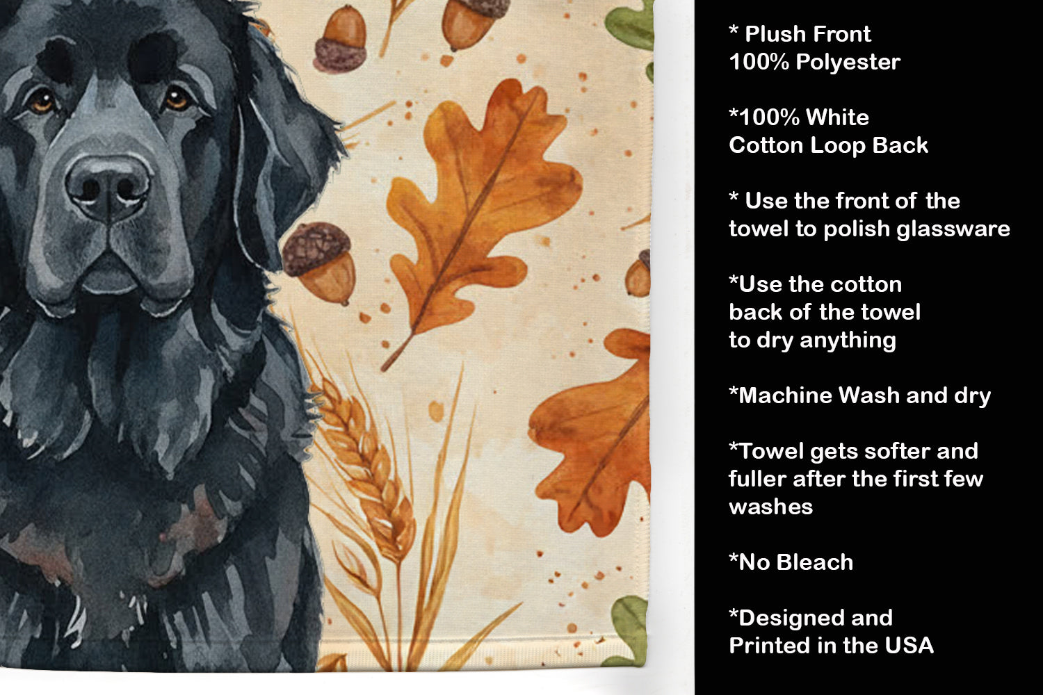Black Newfoundland Heirloom Fall Kitchen Towel Velour Plush Front and Cotton Loop Back Machine Washable