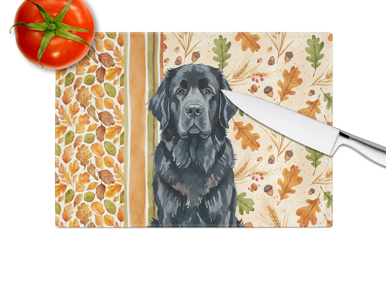 Black Newfoundland Heirloom Fall Cutting Board Tempered Glass Kitchen Cutting Surface, Heat Resistant Chopping, Non-Slip Feet, Food Prep & Serving