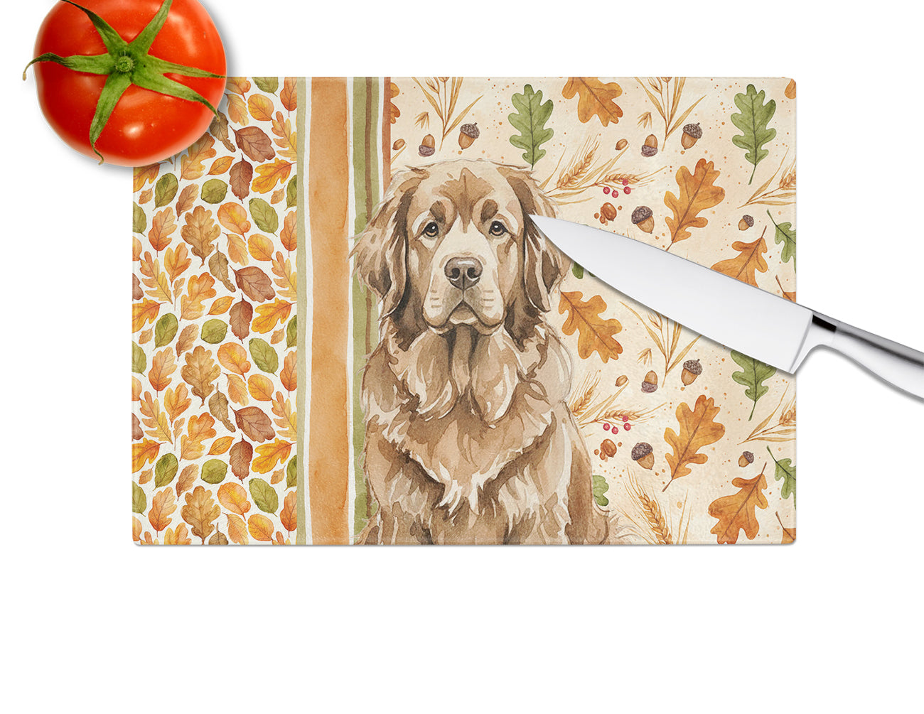 Brown Newfoundland Heirloom Fall Cutting Board Tempered Glass Kitchen Cutting Surface, Heat Resistant Chopping, Non-Slip Feet, Food Prep & Serving