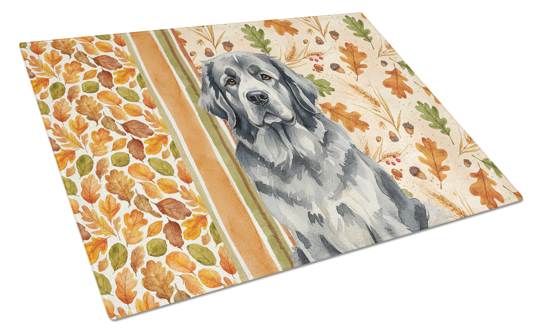 Gray Newfoundland Heirloom Fall Cutting Board Tempered Glass Kitchen Cutting Surface, Heat Resistant Chopping, Non-Slip Feet, Food Prep & Serving