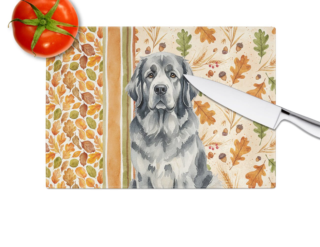 Gray Newfoundland Heirloom Fall Cutting Board Tempered Glass Kitchen Cutting Surface, Heat Resistant Chopping, Non-Slip Feet, Food Prep & Serving