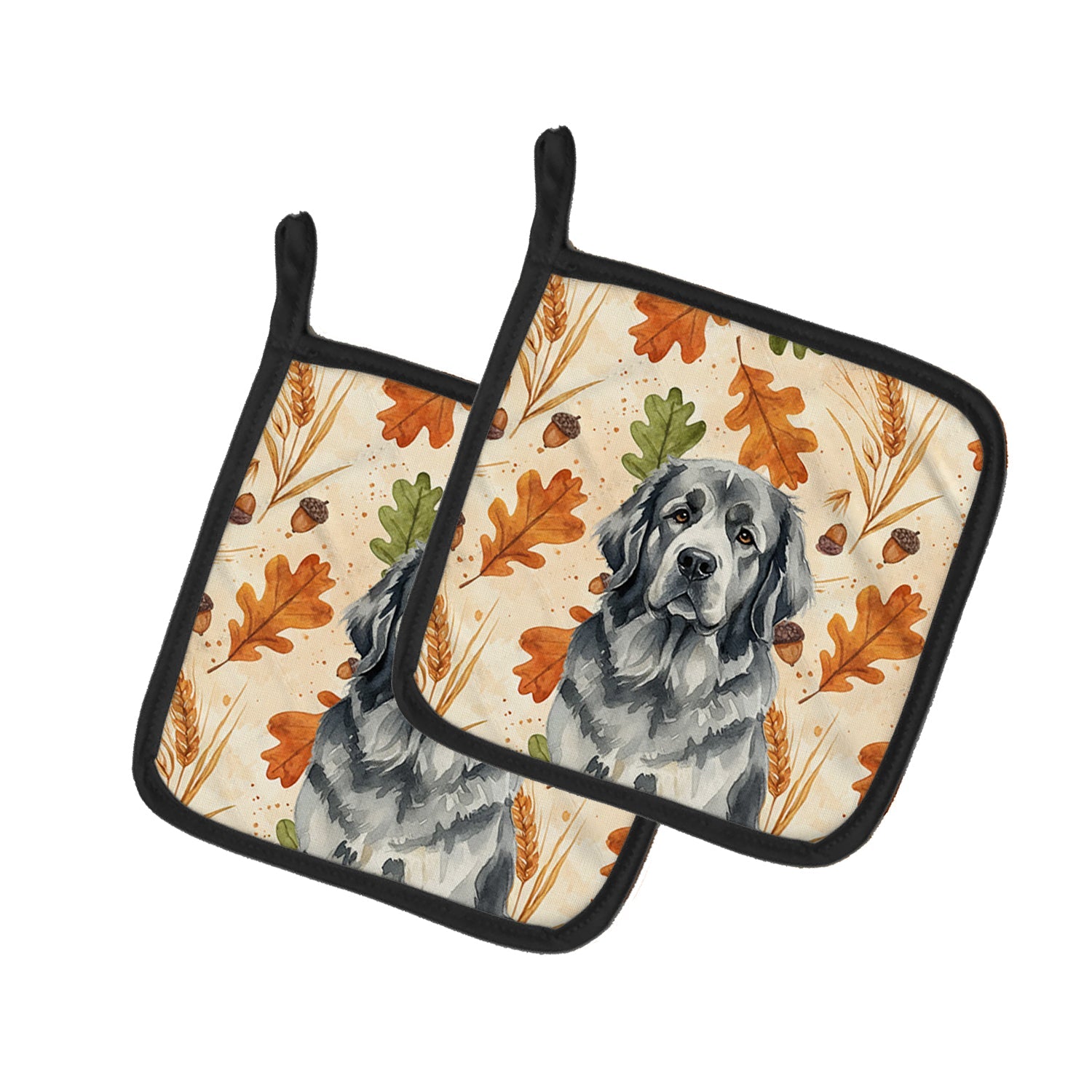 Gray Newfoundland Heirloom Fall Pot Holder Set of 2 Heat Resistant Quilted Hot Pads 7.5 x 7.5 Inch, Insulated Kitchen Trivets for Cooking & Baking