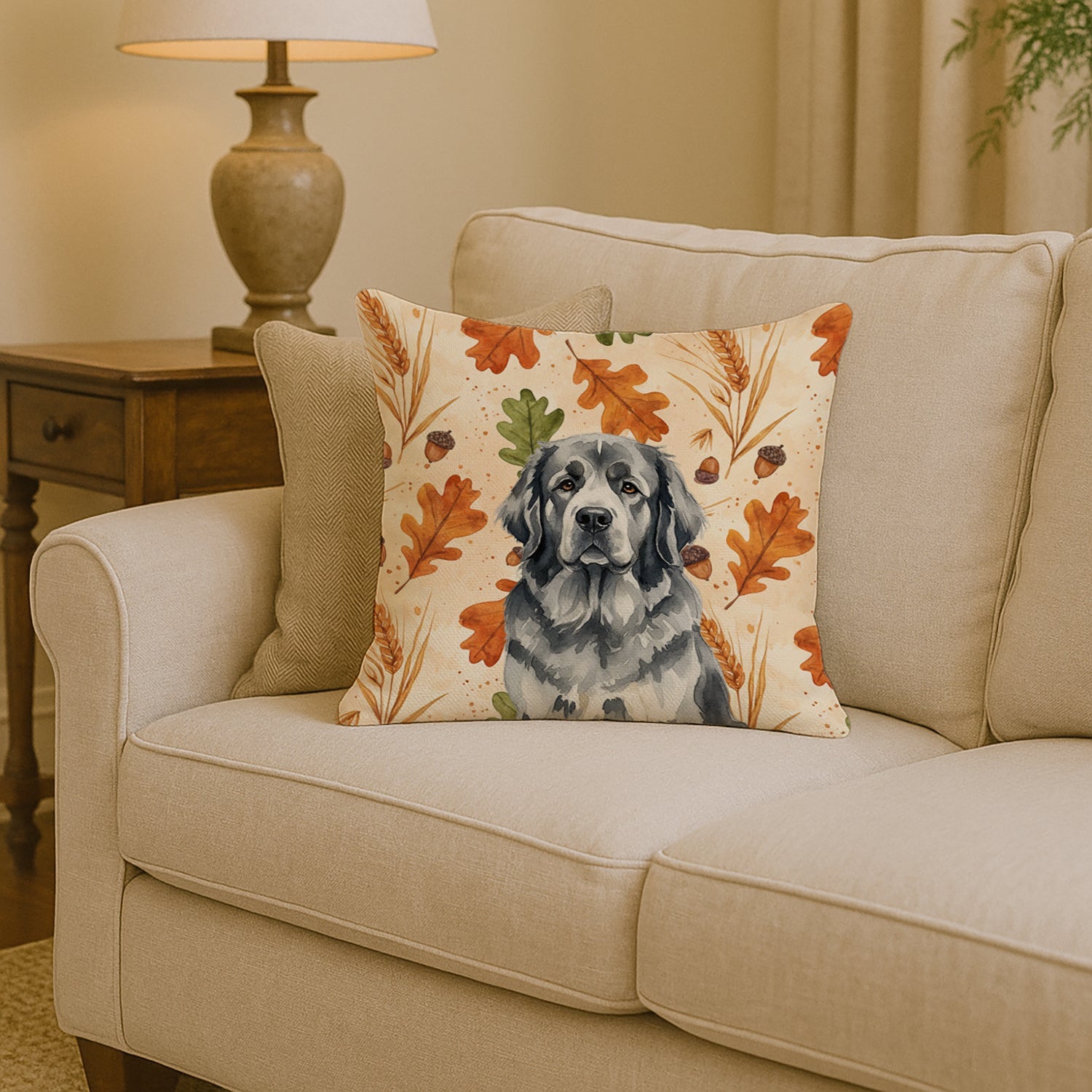 Gray Newfoundland Heirloom Fall Decorative Throw Pillow 14x14 Indoor Outdoor Accent Cushion, Fabric Cover with Insert for Sofa, Bed, Porch & Living Room