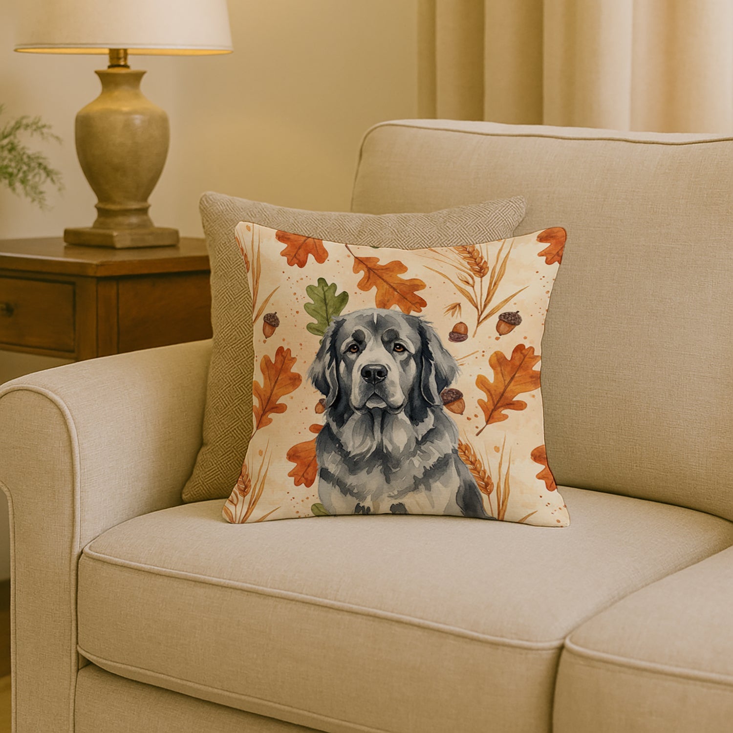 Gray Newfoundland Heirloom Fall Decorative Throw Pillow 18x18 Indoor Outdoor Accent Cushion, Fabric Cover with Insert for Sofa, Bed, Porch & Living Room