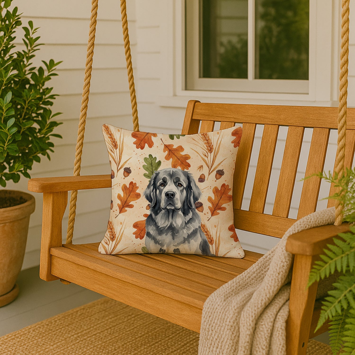 Gray Newfoundland Heirloom Fall Decorative Throw Pillow 18x18 Indoor Outdoor Accent Cushion, Fabric Cover with Insert for Sofa, Bed, Porch & Living Room