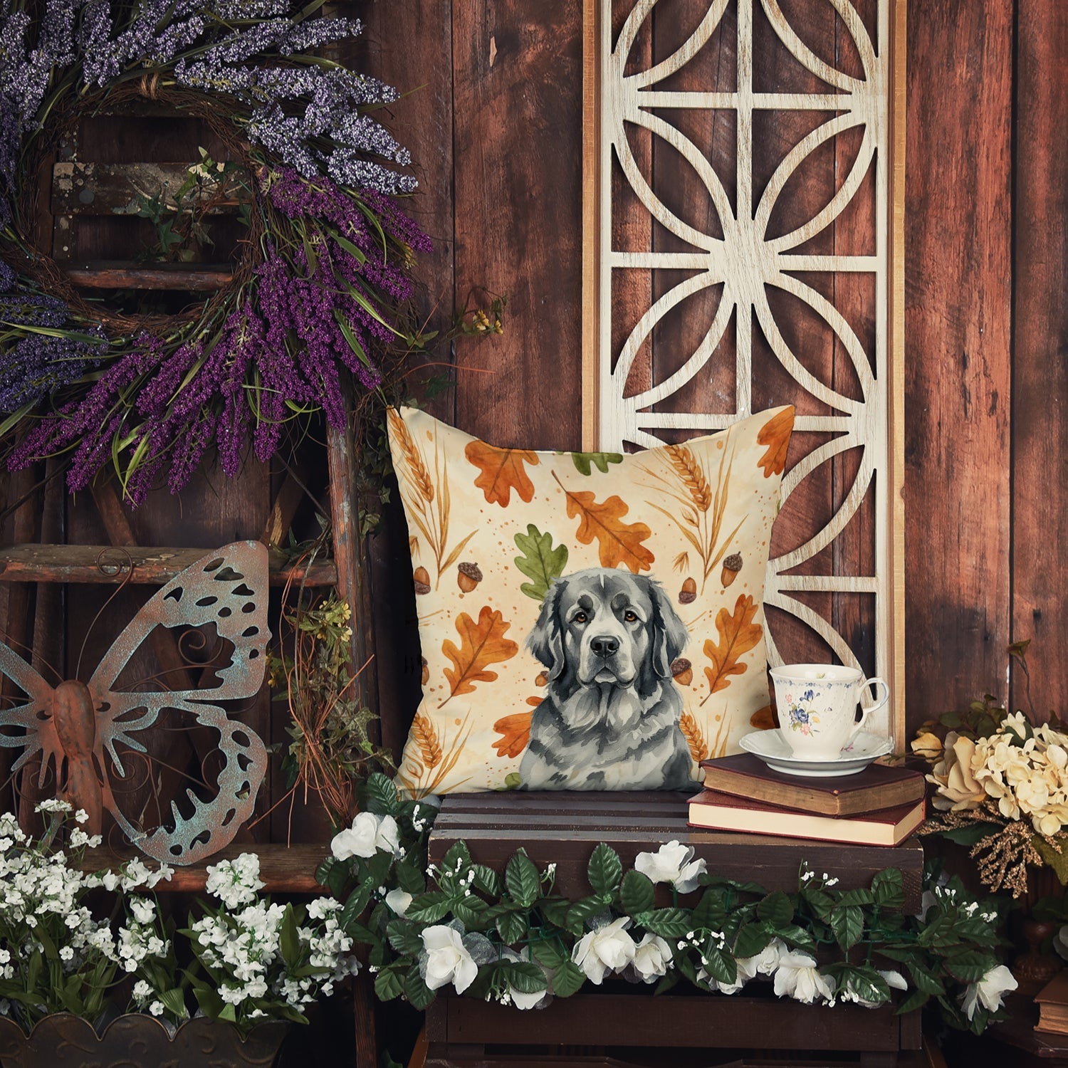 Gray Newfoundland Heirloom Fall Decorative Throw Pillow 18x18 Indoor Outdoor Accent Cushion, Fabric Cover with Insert for Sofa, Bed, Porch & Living Room