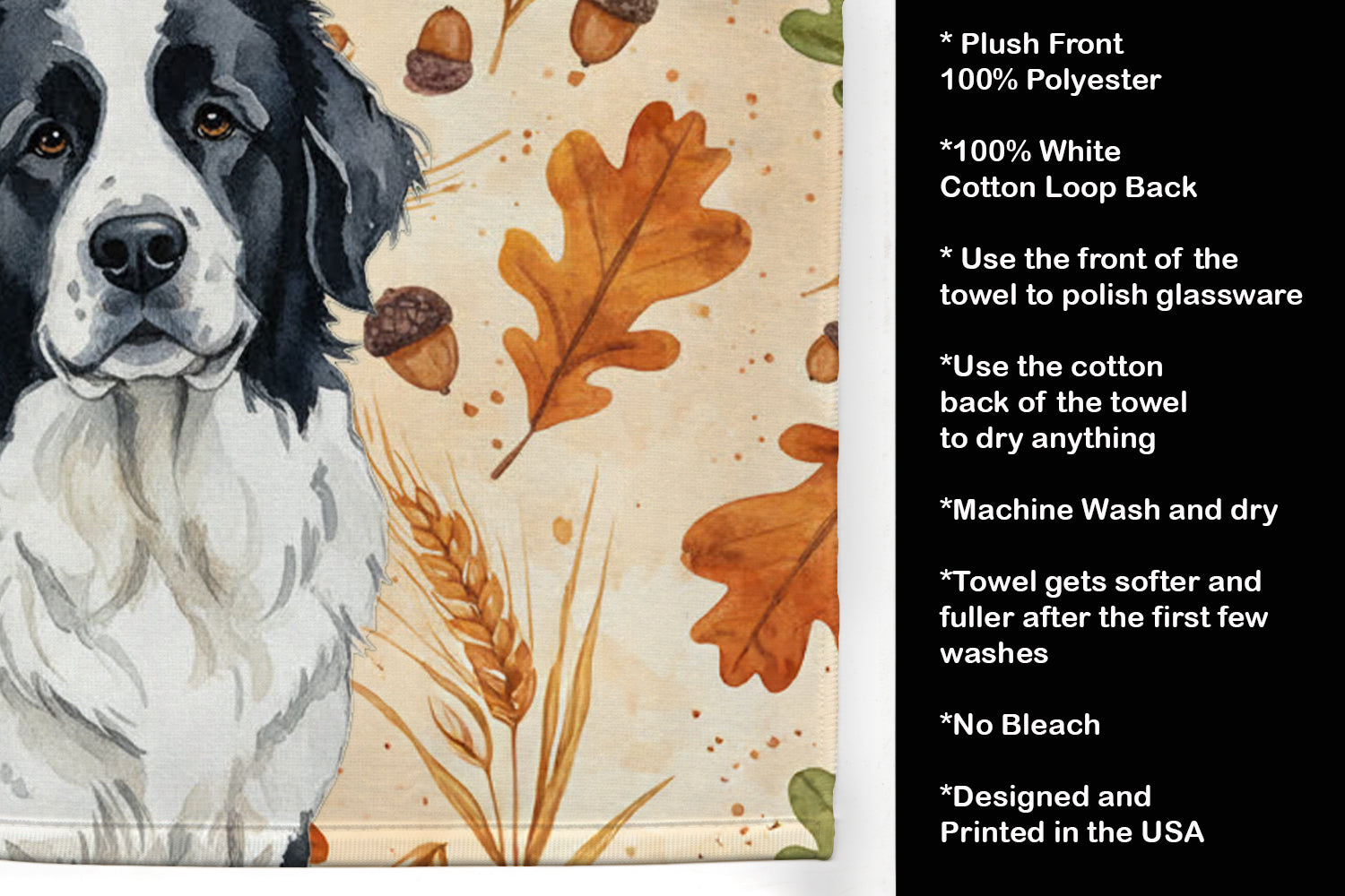 Landseer Newfoundland Heirloom Fall Kitchen Towel Velour Plush Front and Cotton Loop Back Machine Washable