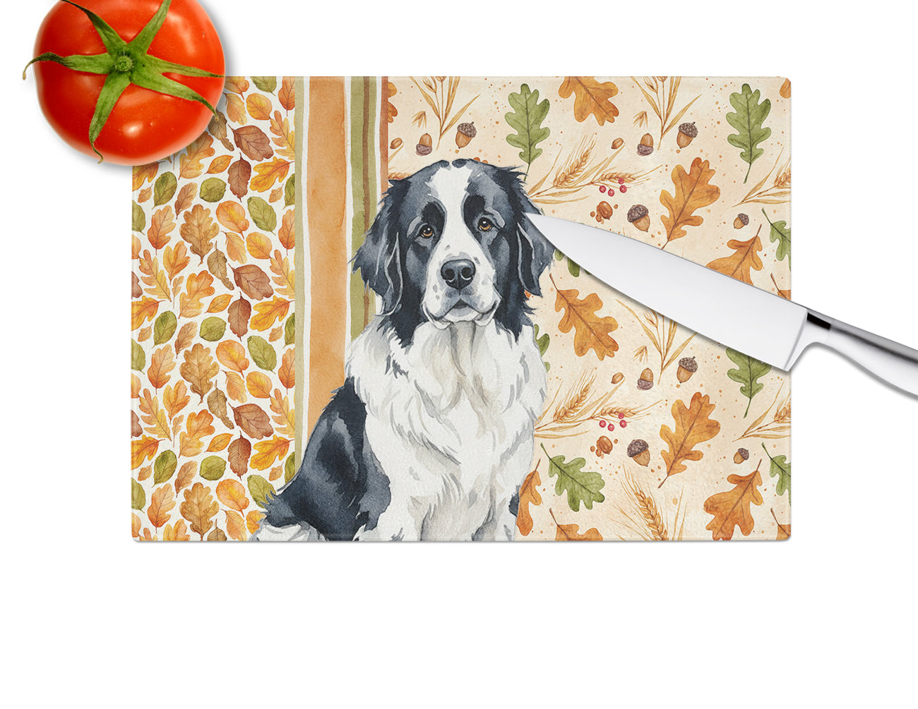 Landseer Newfoundland Heirloom Fall Cutting Board Tempered Glass Kitchen Cutting Surface, Heat Resistant Chopping, Non-Slip Feet, Food Prep & Serving
