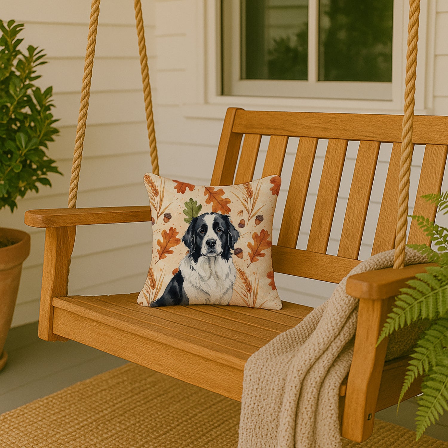 Landseer Newfoundland Heirloom Fall Decorative Throw Pillow 14x14 Indoor Outdoor Accent Cushion, Fabric Cover with Insert for Sofa, Bed, Porch & Living Room