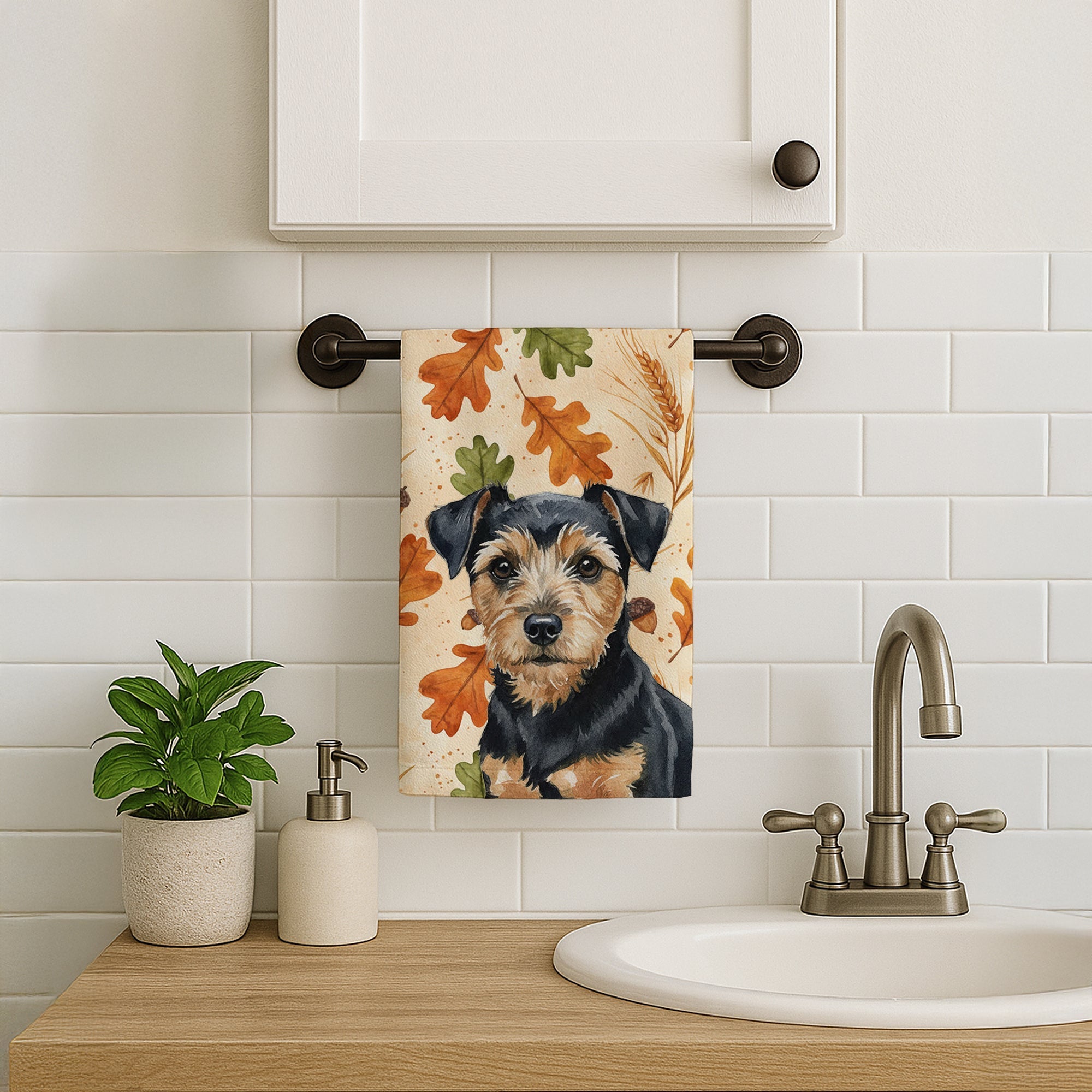 Black and Tan Norfolk Terrier Heirloom Fall Kitchen Towel Velour Plush Front and Cotton Loop Back Machine Washable
