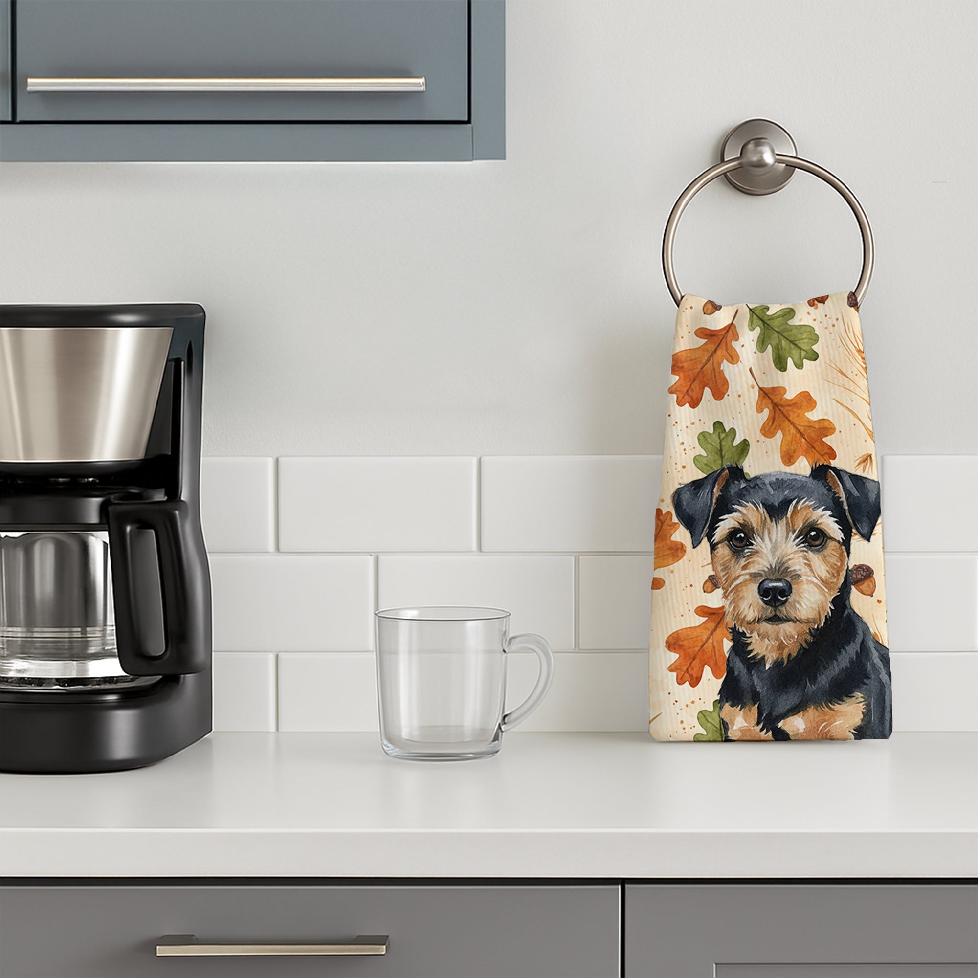 Black and Tan Norfolk Terrier Heirloom Fall Kitchen Towel Velour Plush Front and Cotton Loop Back Machine Washable