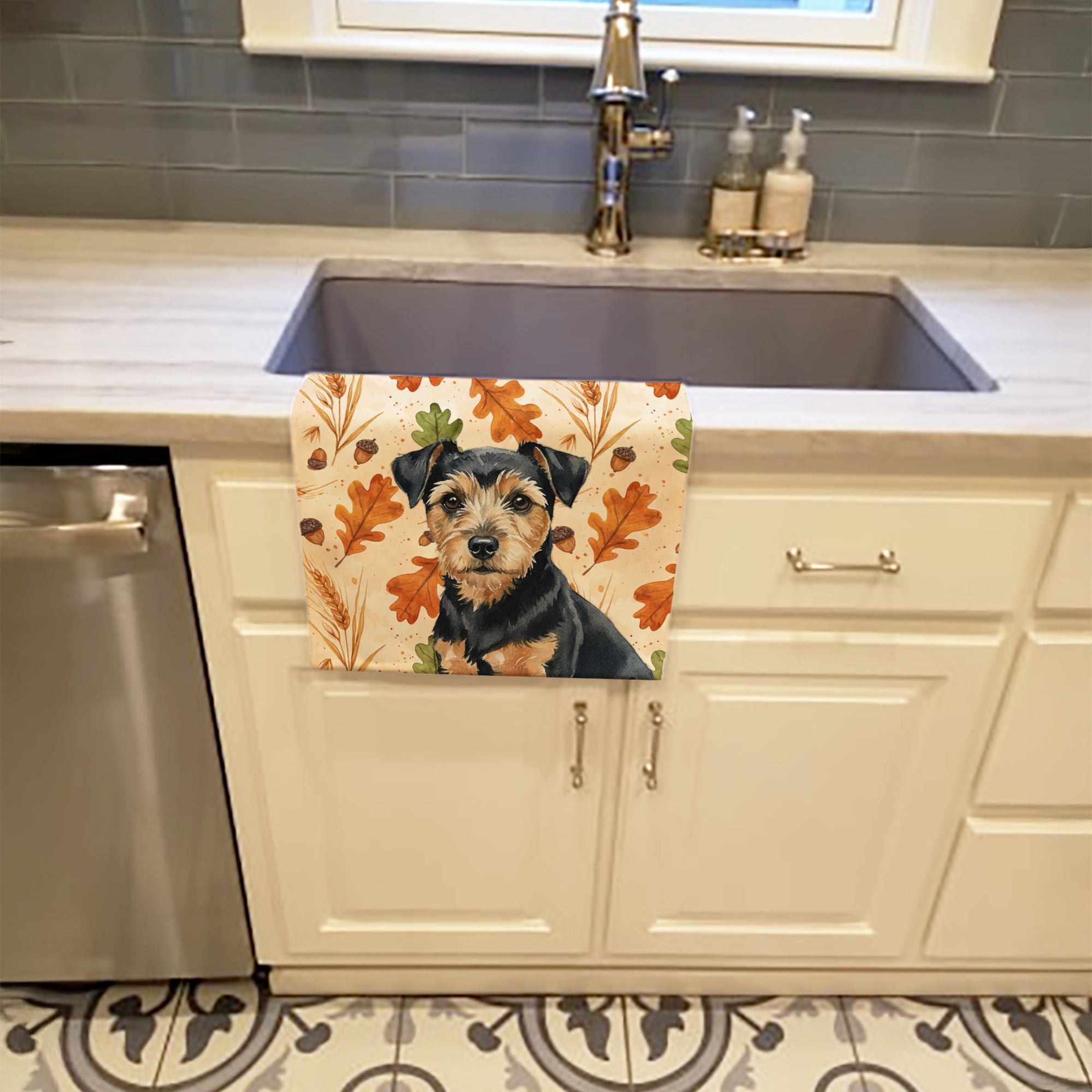 Black and Tan Norfolk Terrier Heirloom Fall Kitchen Towel Velour Plush Front and Cotton Loop Back Machine Washable