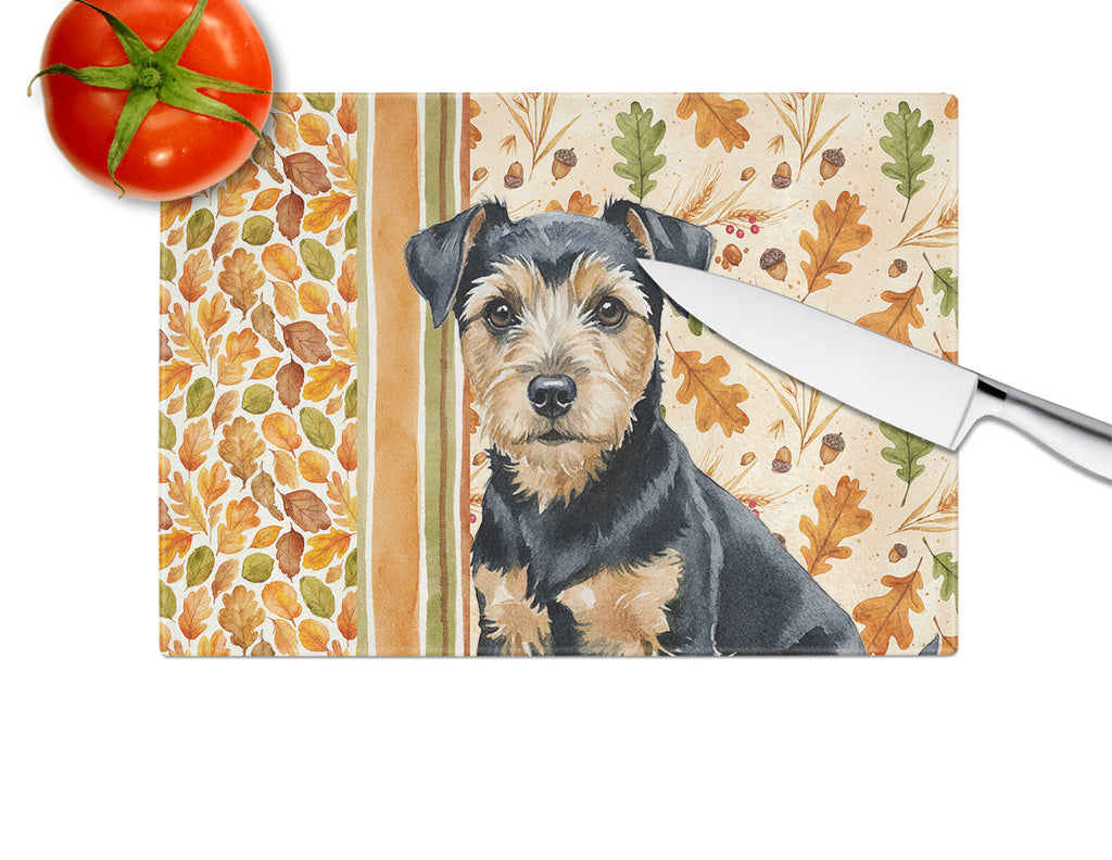 Black and Tan Norfolk Terrier Heirloom Fall Cutting Board Tempered Glass Kitchen Cutting Surface, Heat Resistant Chopping, Non-Slip Feet, Food Prep & Serving