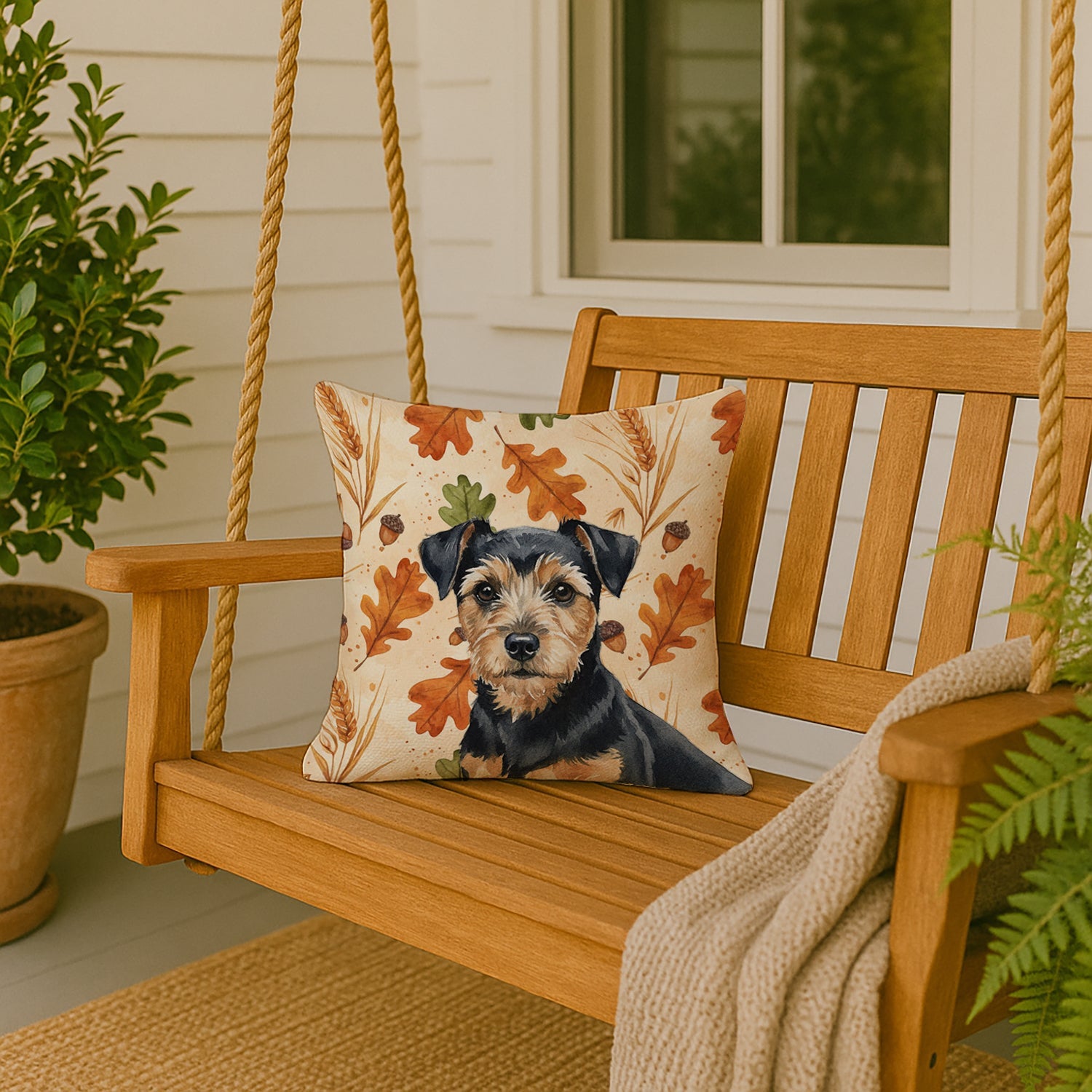 Black and Tan Norfolk Terrier Heirloom Fall Decorative Throw Pillow 18x18 Indoor Outdoor Accent Cushion, Fabric Cover with Insert for Sofa, Bed, Porch & Living Room